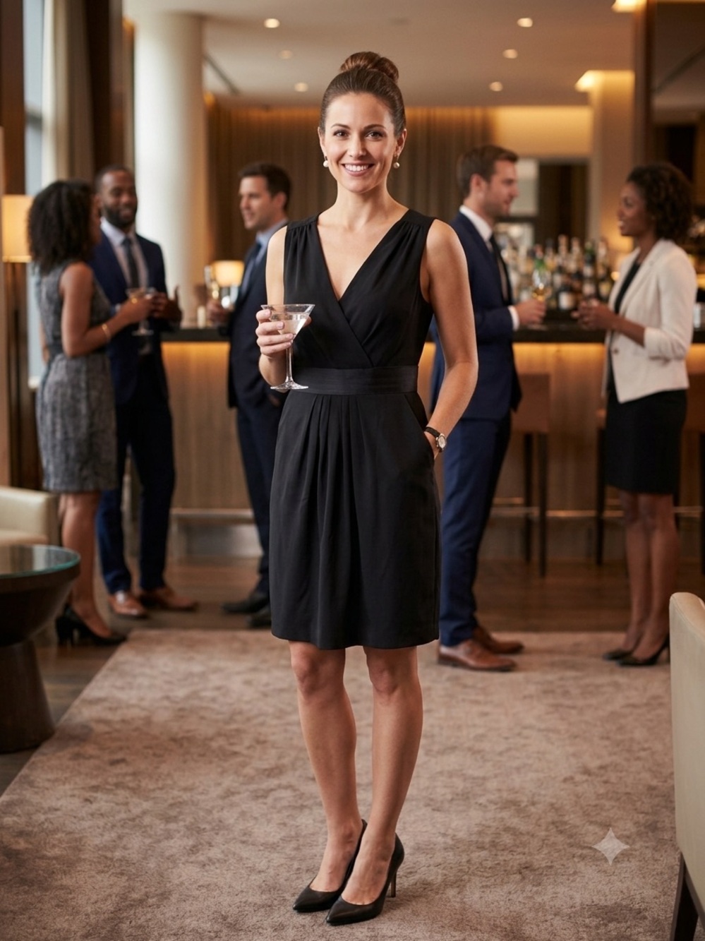 Sleeveless Black V-Neck Mini Dress with Waist Detail
